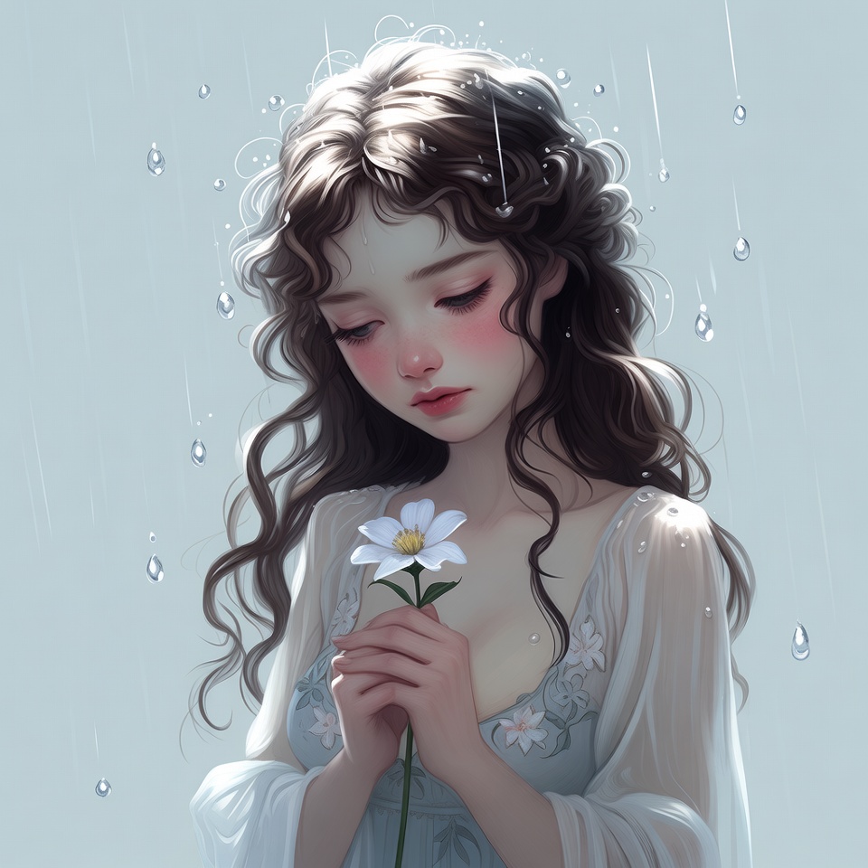 Girl holding white daisy in rain Girl holding white daisy in rain