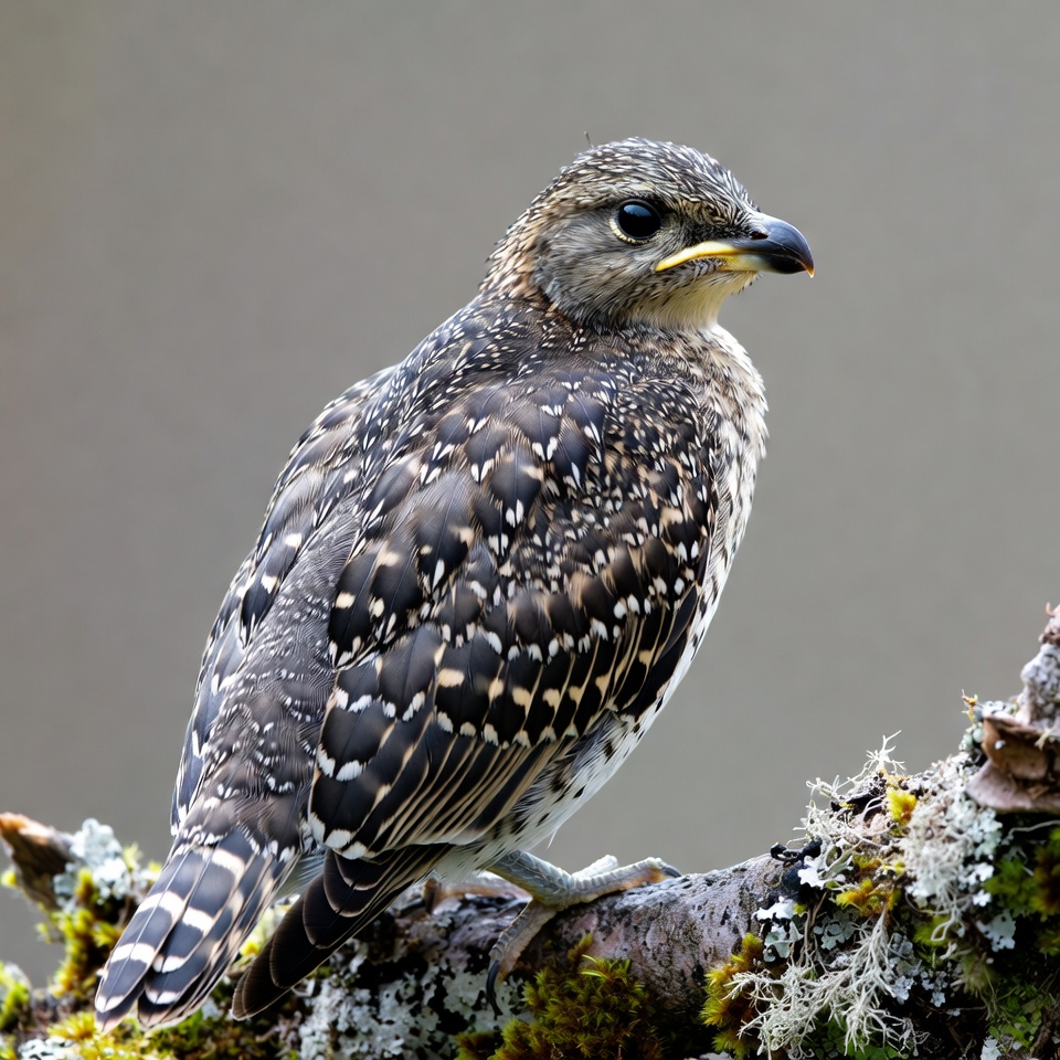 Spotted Chick Perched on Mossy Branch Spotted Chick Perched on Mossy Branch