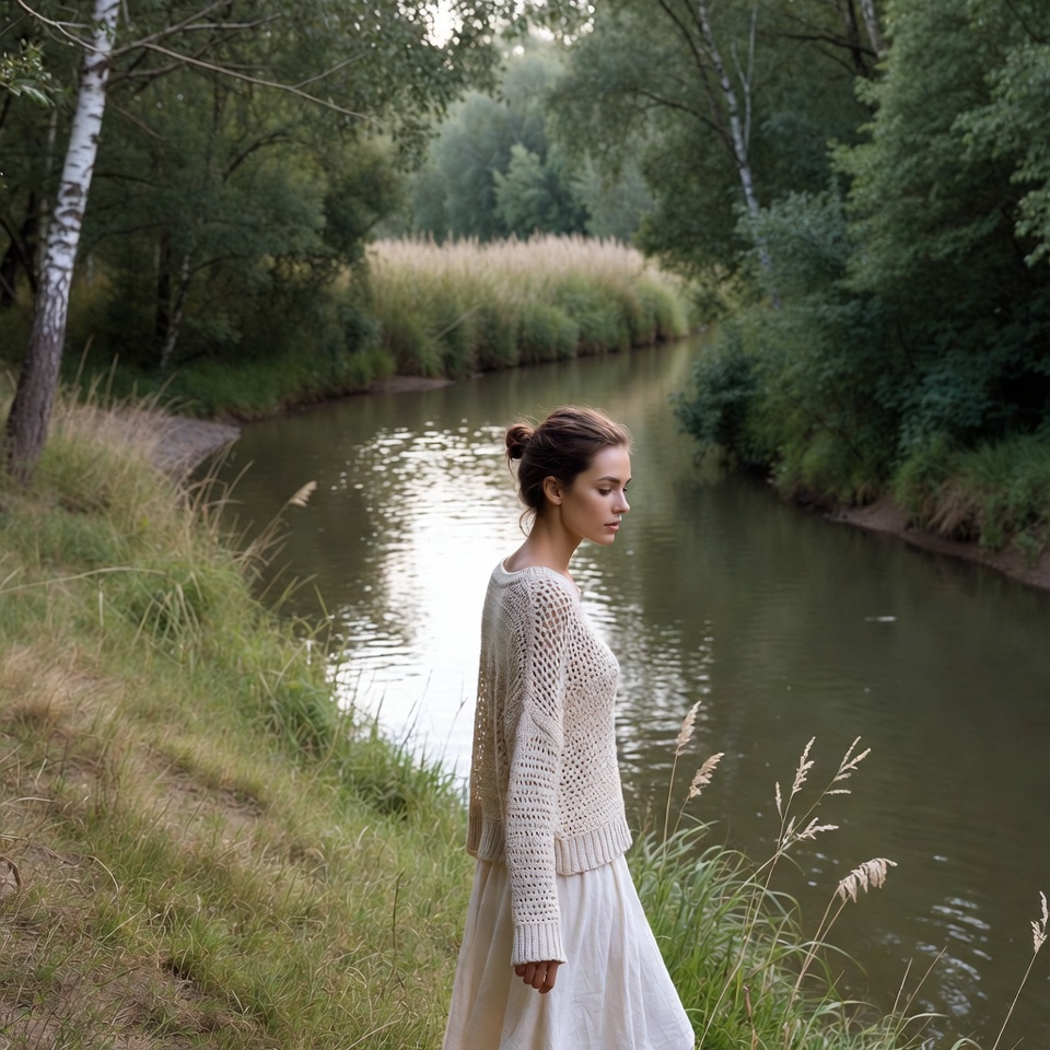 Woman standing by riverside in forest Woman standing by riverside in forest
