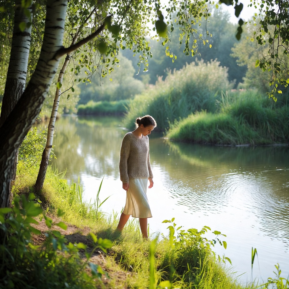 Woman walking by riverside birch trees Woman walking by riverside birch trees