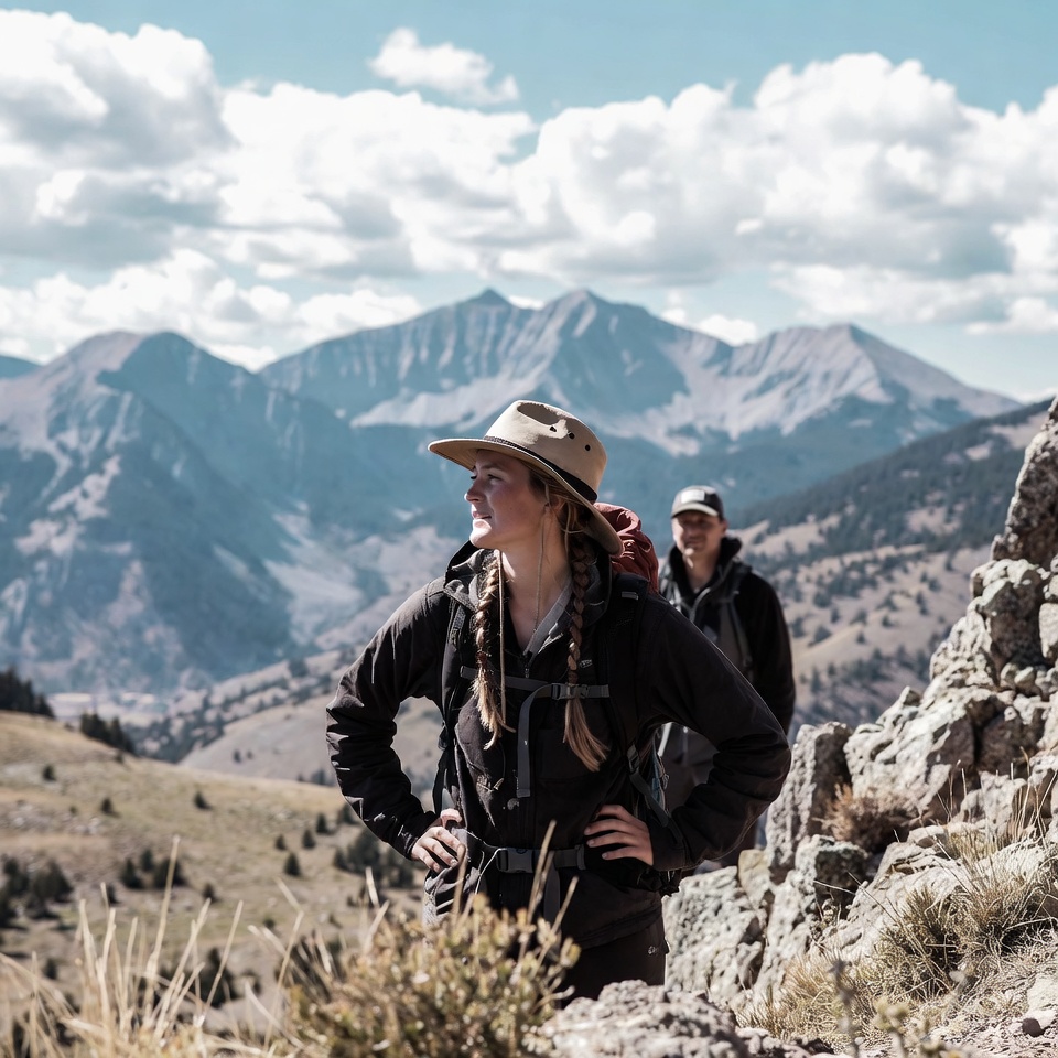 Woman and man hiking mountains Woman and man hiking mountains