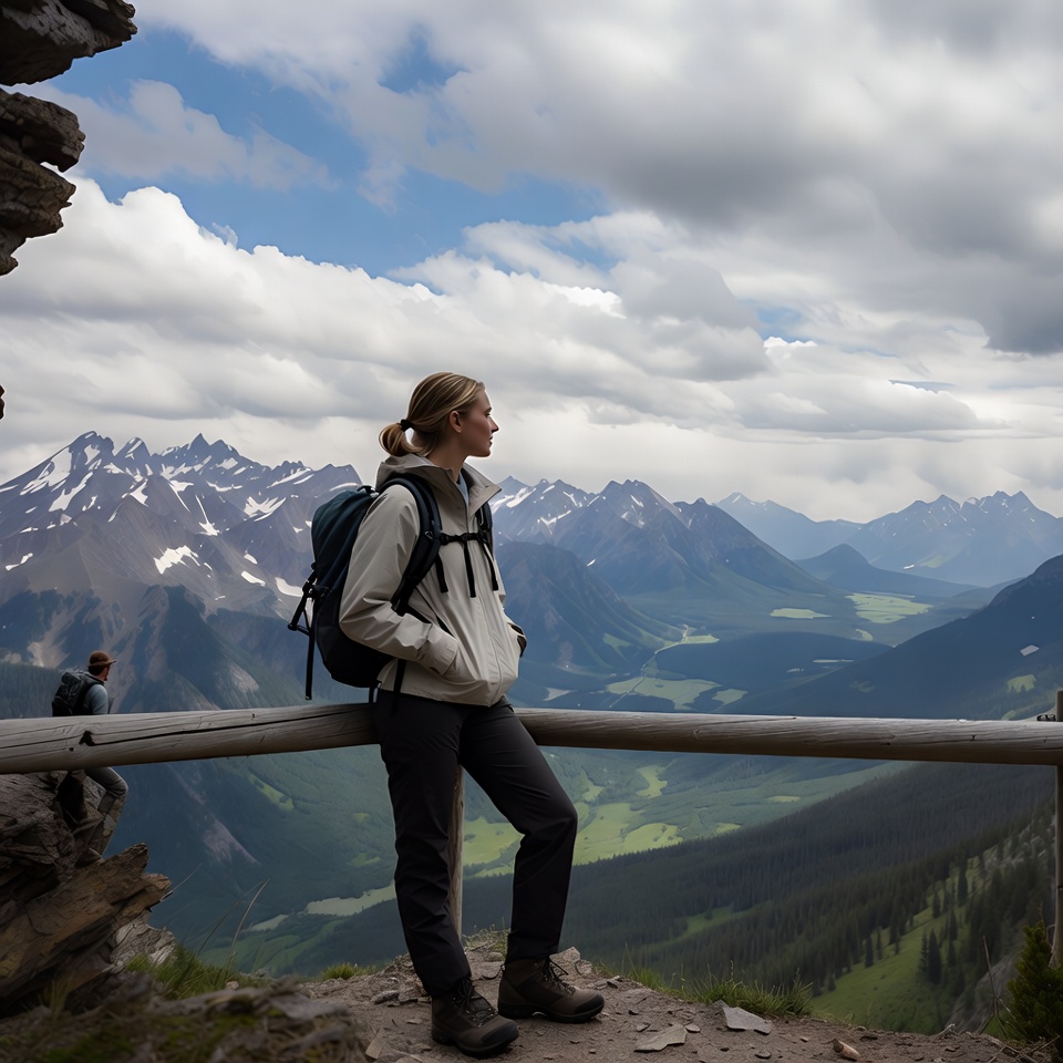 Woman overlooking snowy mountain valley Woman overlooking snowy mountain valley