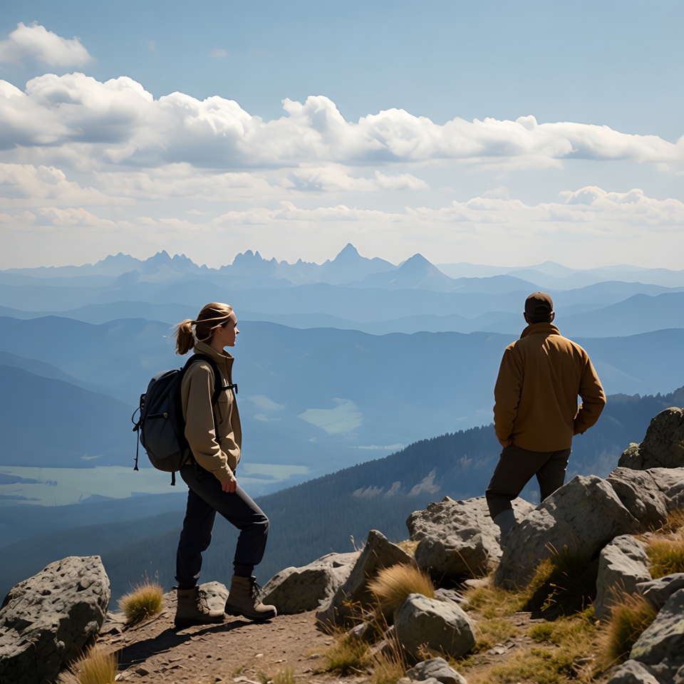 Hiker couple overlooking mountains Hiker couple overlooking mountains