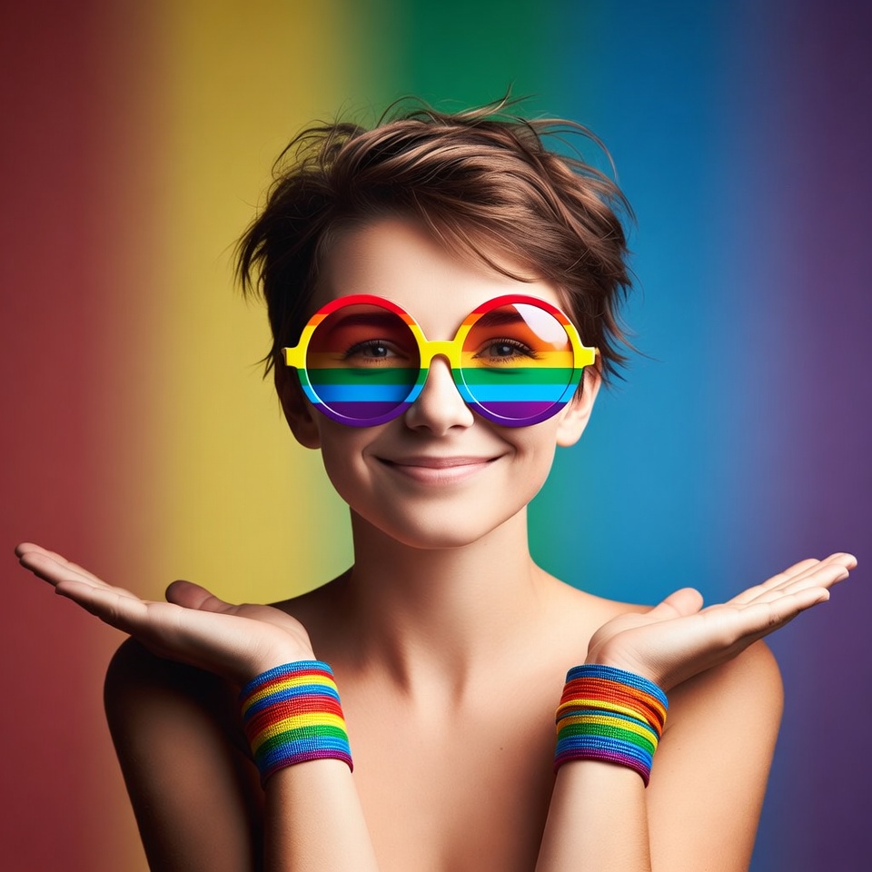 Woman wearing rainbow glasses Woman wearing rainbow glasses