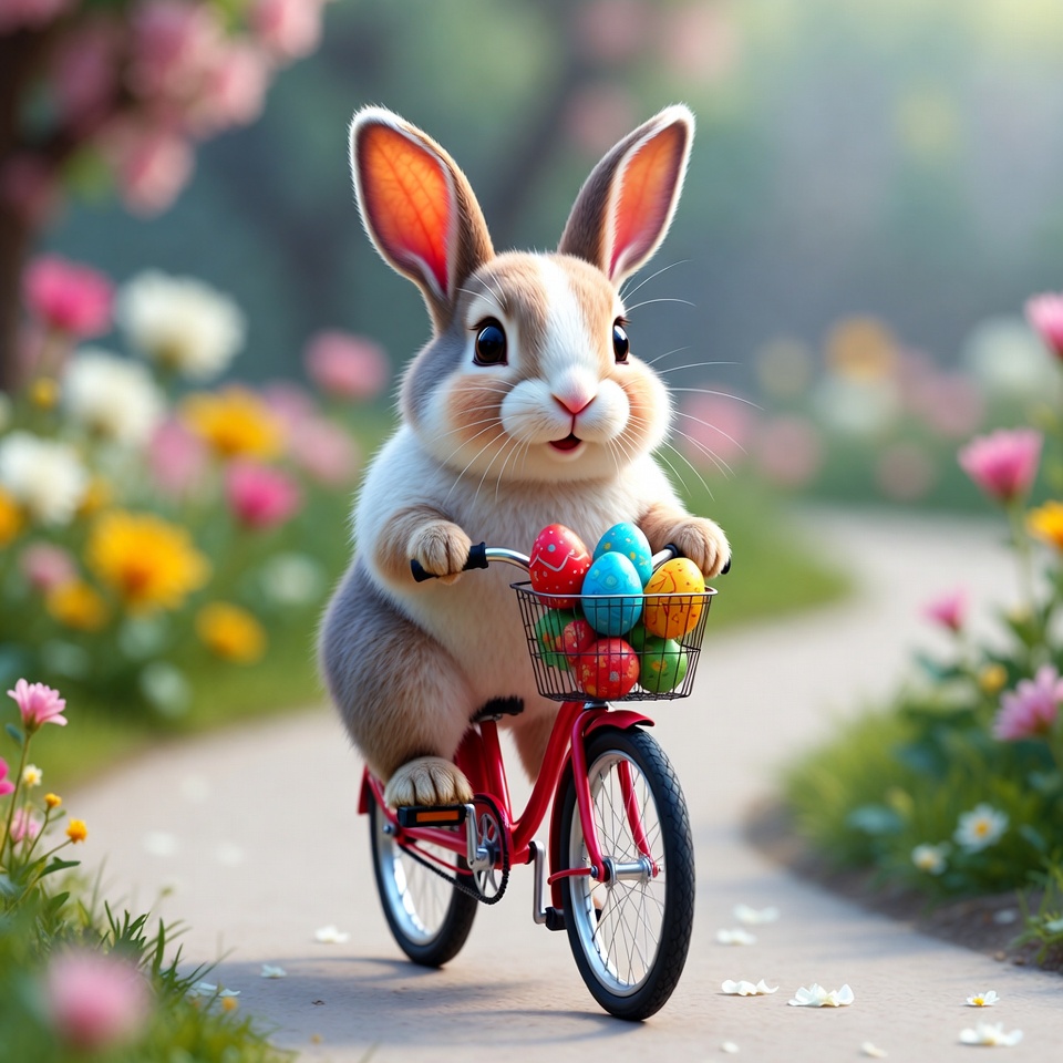 Cute bunny riding bicycle with Easter eggs Cute bunny riding bicycle with Easter eggs