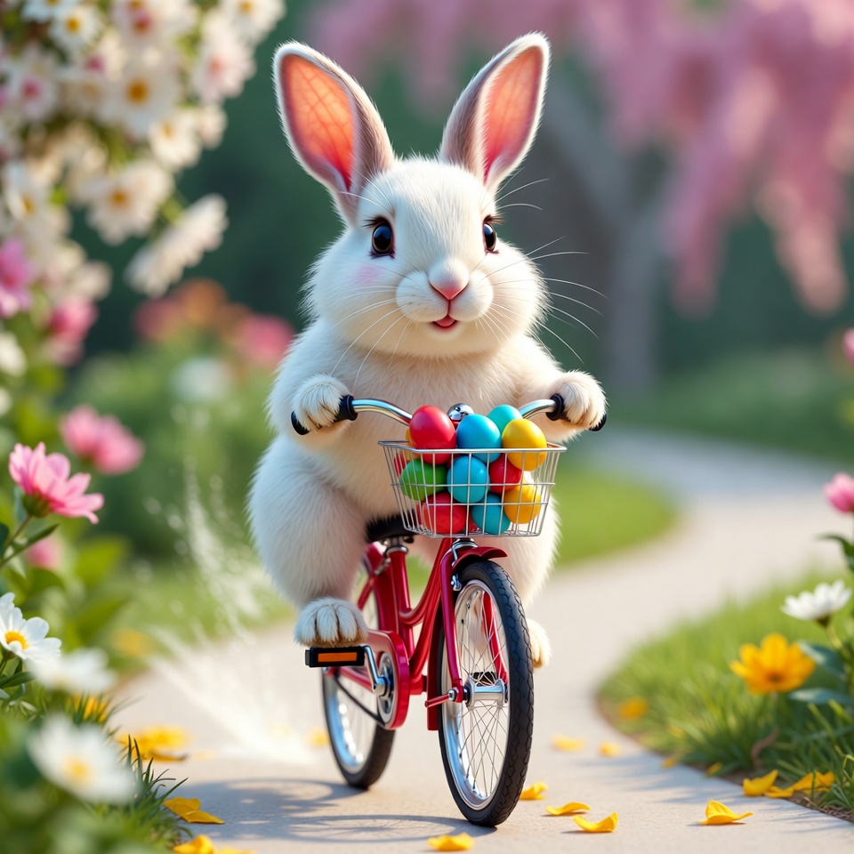 White bunny riding bicycle with Easter eggs White bunny riding bicycle with Easter eggs