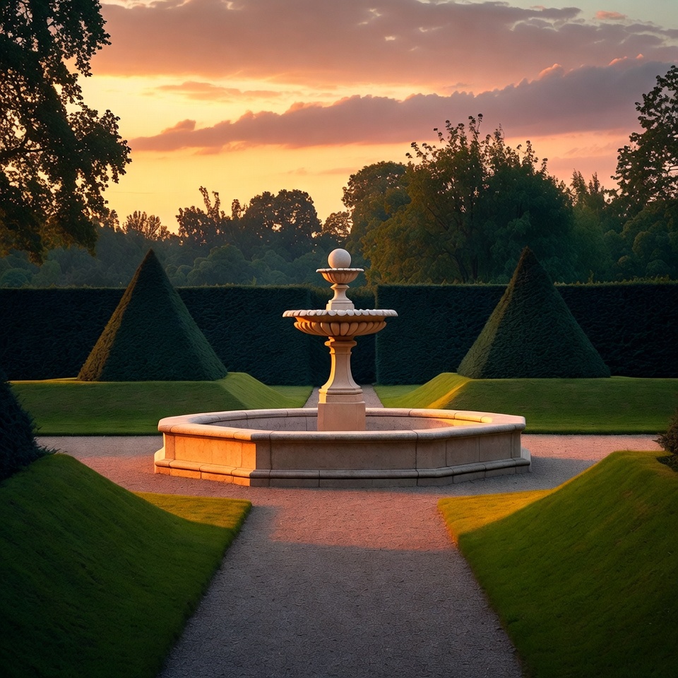 Stone Fountain in Formal Garden at Sunset Stone Fountain in Formal Garden at Sunset