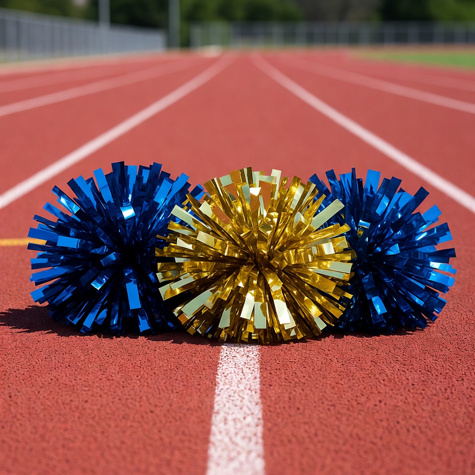Blue and Gold Pom Poms on Track Blue and Gold Pom Poms on Track