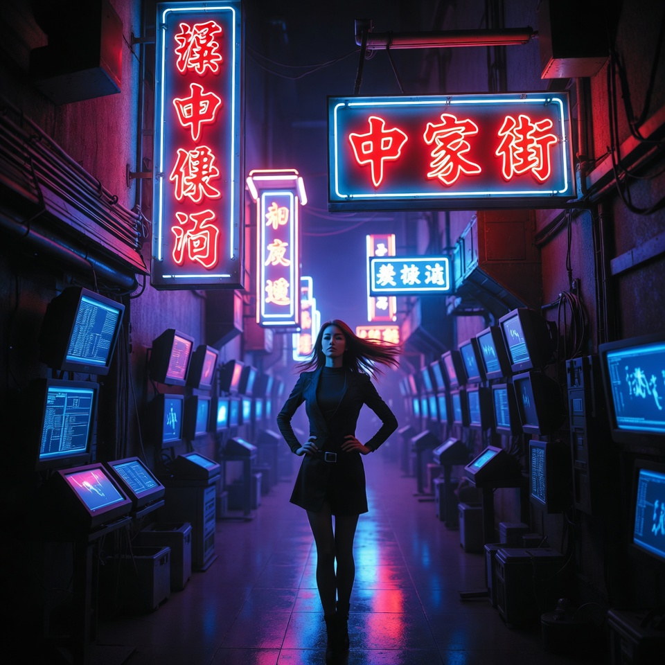 Woman in neon-lit cyberpunk arcade Woman in neon-lit cyberpunk arcade