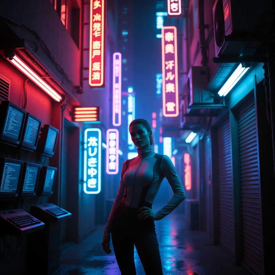 Woman in neon-lit cyberpunk alley Woman in neon-lit cyberpunk alley