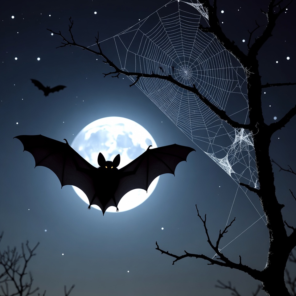 Bat Flying Near Moon and Spider Web Bat Flying Near Moon and Spider Web