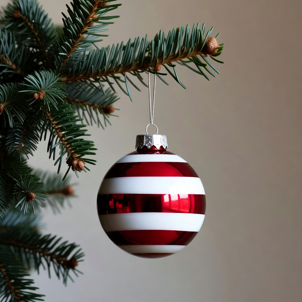 Red White Striped Christmas Ornament on Tree Red White Striped Christmas Ornament on Tree