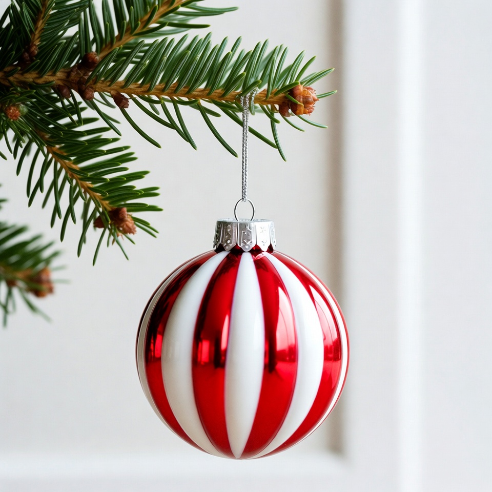 Red White Striped Ornament on Christmas Tree Red White Striped Ornament on Christmas Tree