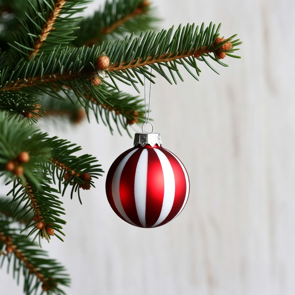 Red White Striped Christmas Ornament on Tree Red White Striped Christmas Ornament on Tree