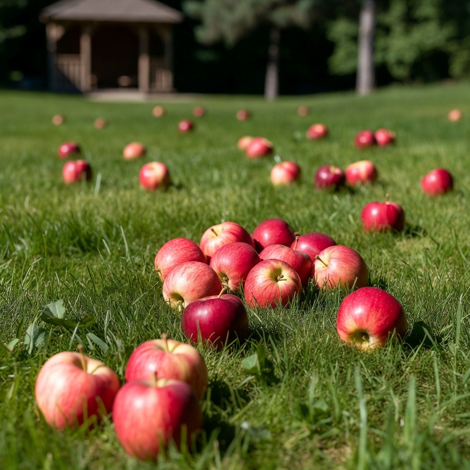 Red apples scattered on green grass Red apples scattered on green grass
