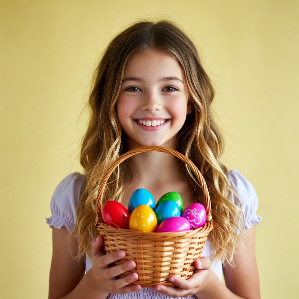 Girl holding Easter basket with eggs Girl holding Easter basket with eggs
