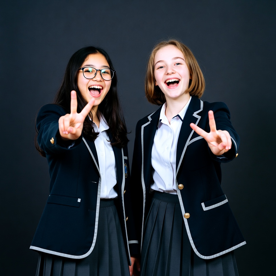 Two girls in school uniforms making peace signs Two girls in school uniforms making peace signs
