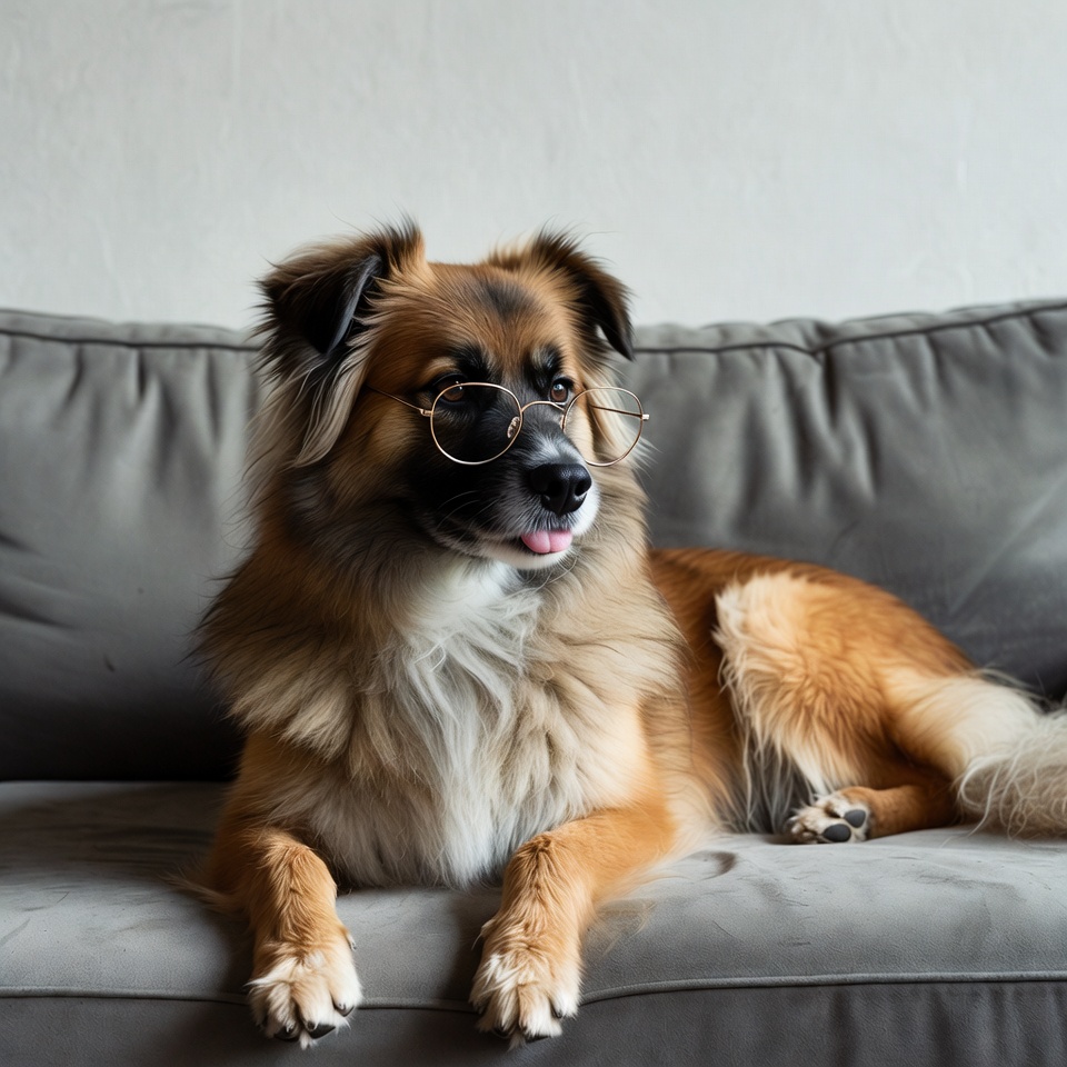 Dog wearing glasses on couch Dog wearing glasses on couch
