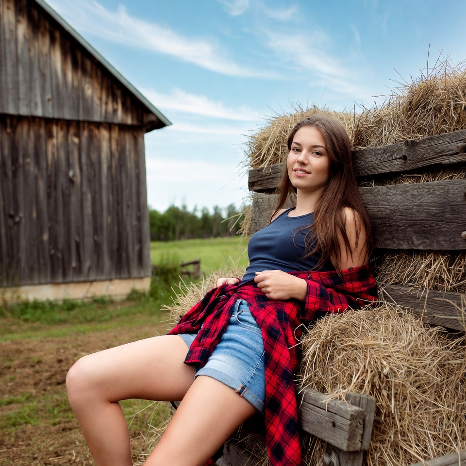 Young woman leaning on hay bales Young woman leaning on hay bales