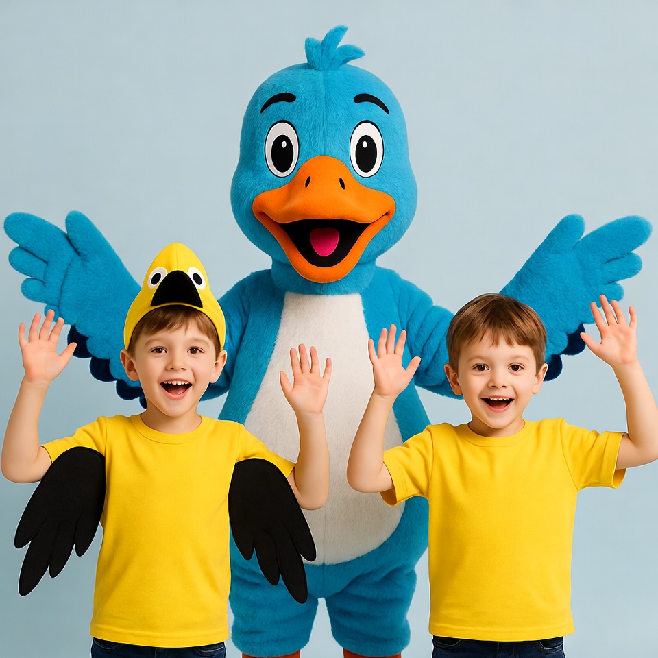 Two boys with blue bird mascot Two boys with blue bird mascot