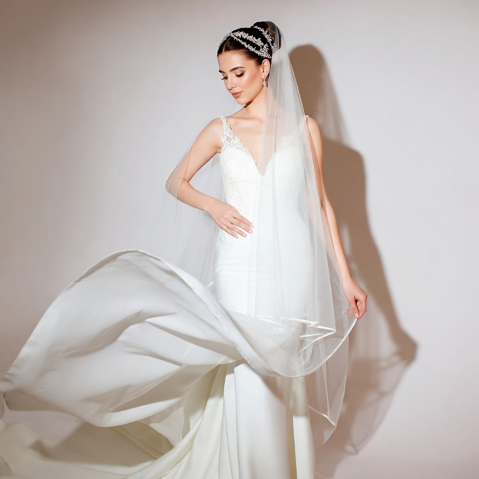 Bride in flowing white wedding gown Bride in flowing white wedding gown