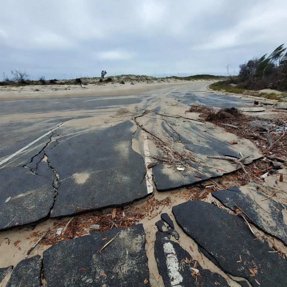 Cracked Road on Beach After Storm Cracked Road on Beach After Storm