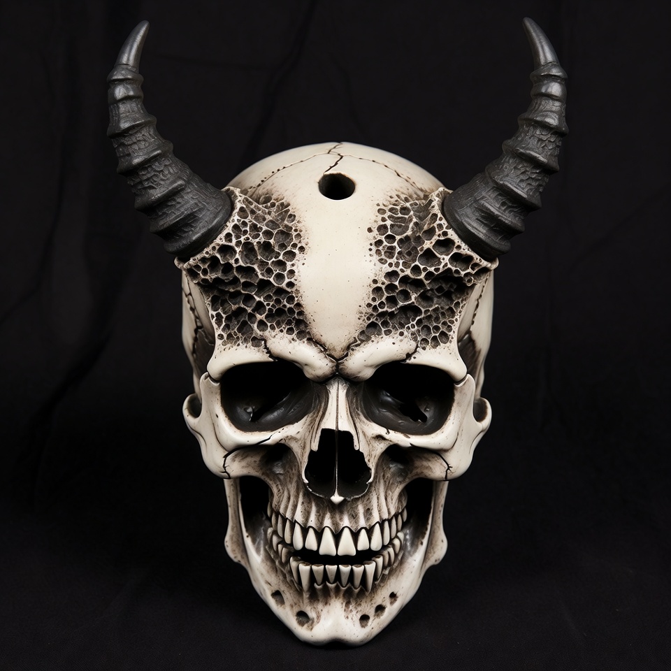 Demonic Horned Skull on Black Background Demonic Horned Skull on Black Background