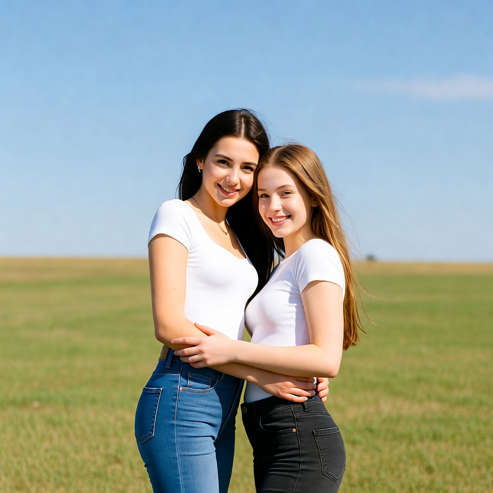Two girls hugging in green field Two girls hugging in green field