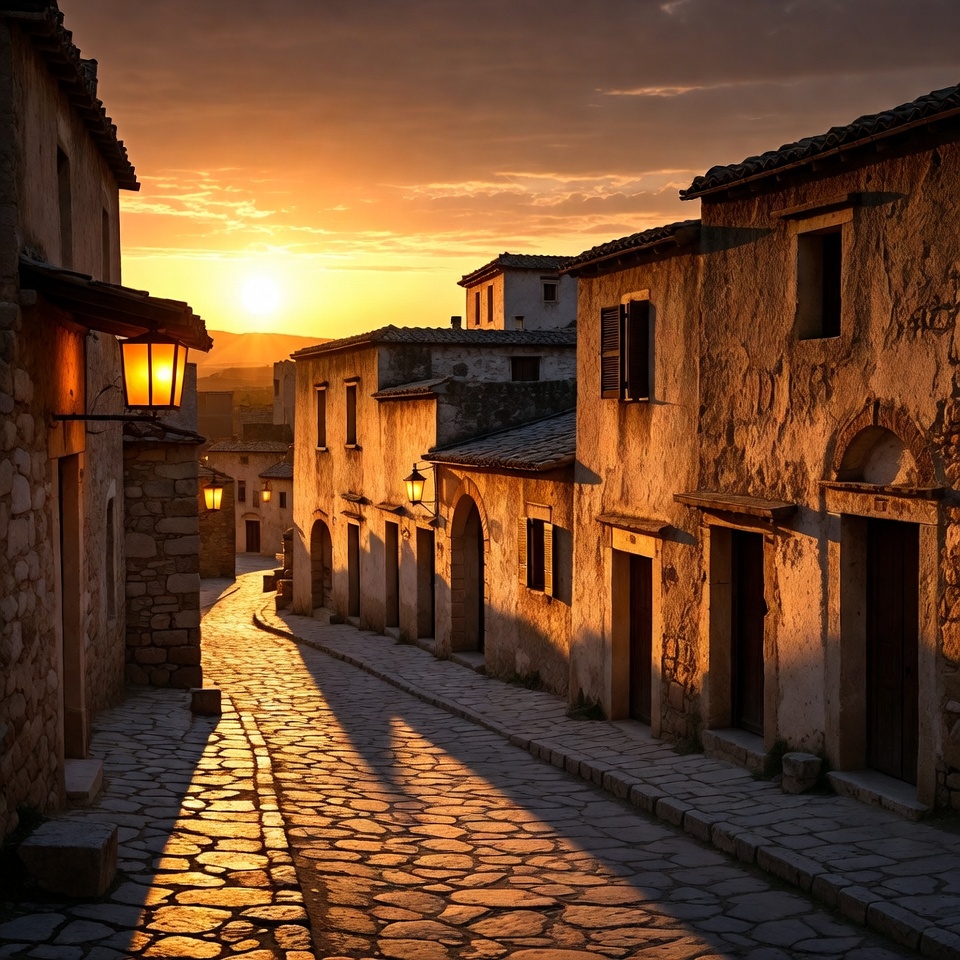 Sunset over cobblestone village street Sunset over cobblestone village street