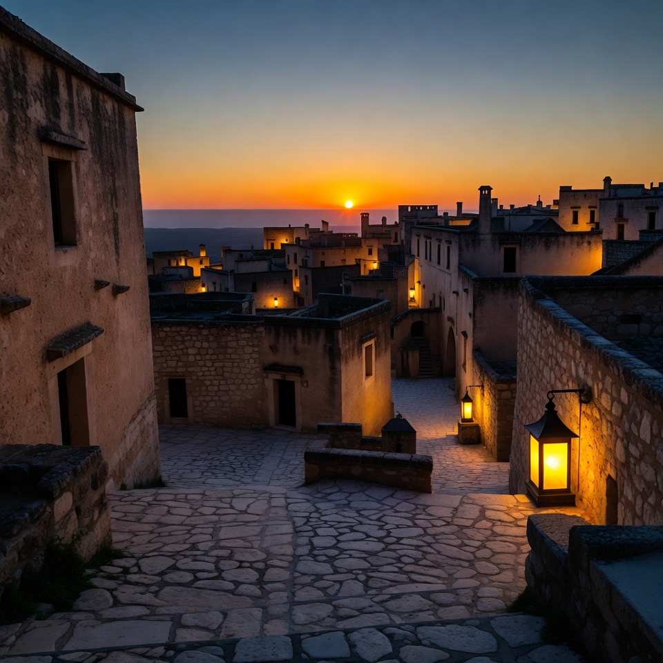 Sunset over stone village streets Sunset over stone village streets
