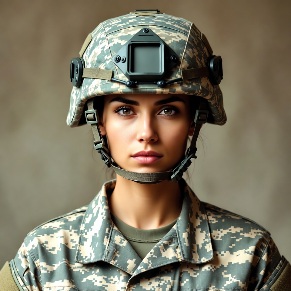 Woman in camouflage helmet Woman in camouflage helmet