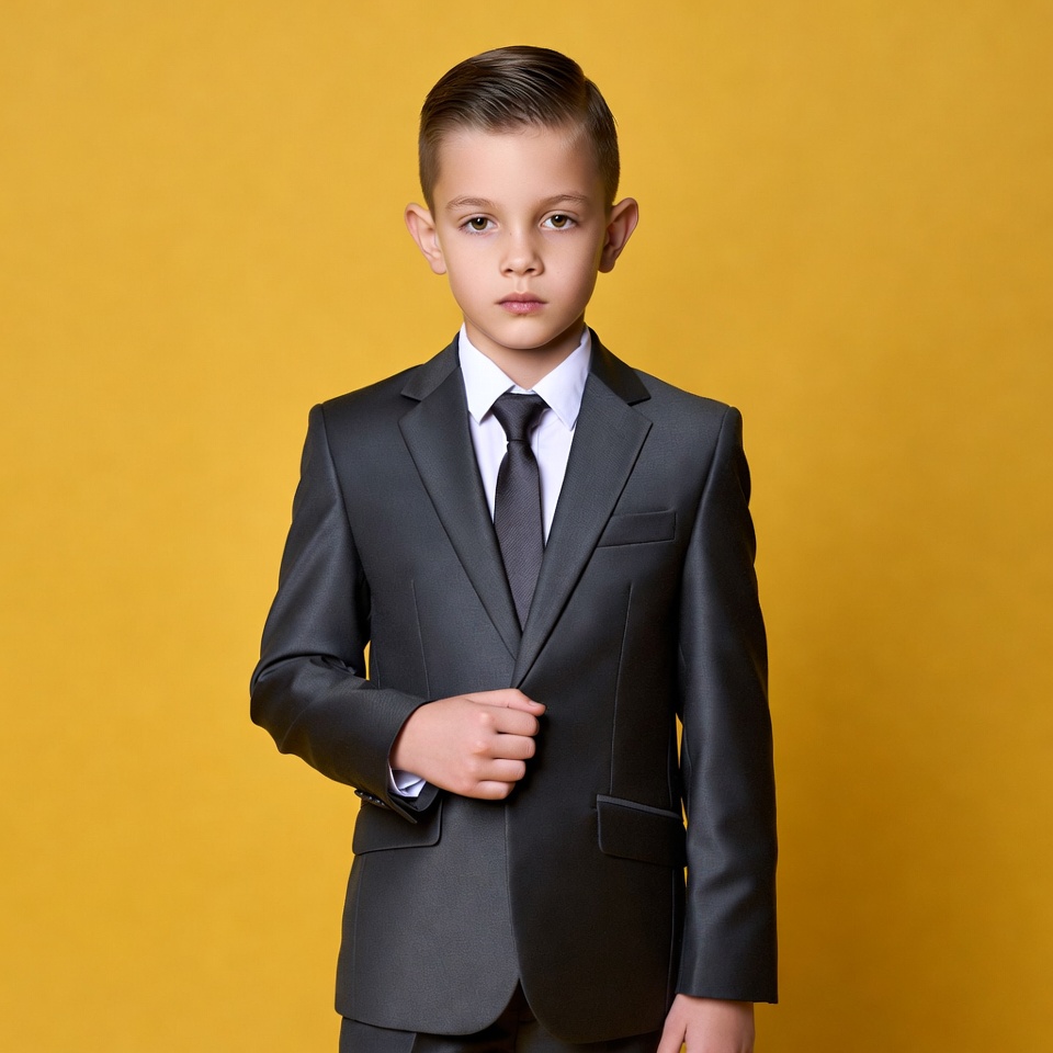 Boy in black suit on yellow background Boy in black suit on yellow background