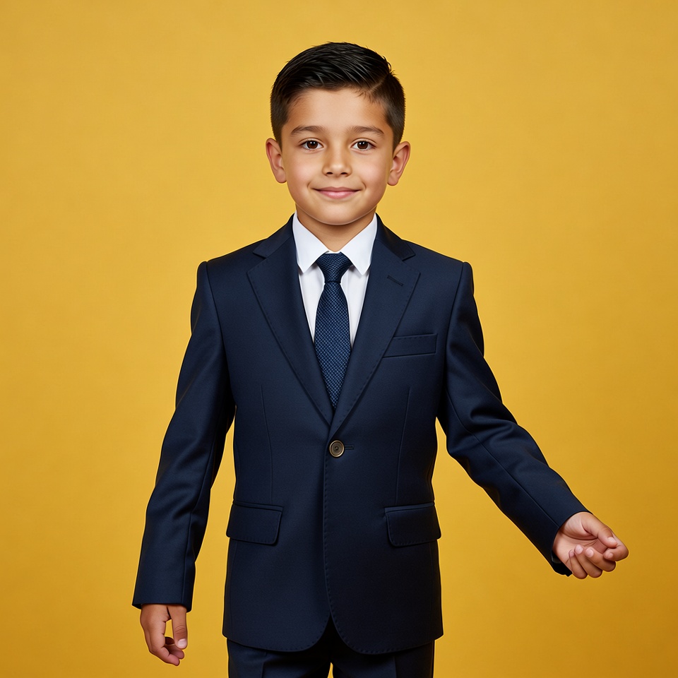 Boy in navy suit smiling on yellow background Boy in navy suit smiling on yellow background