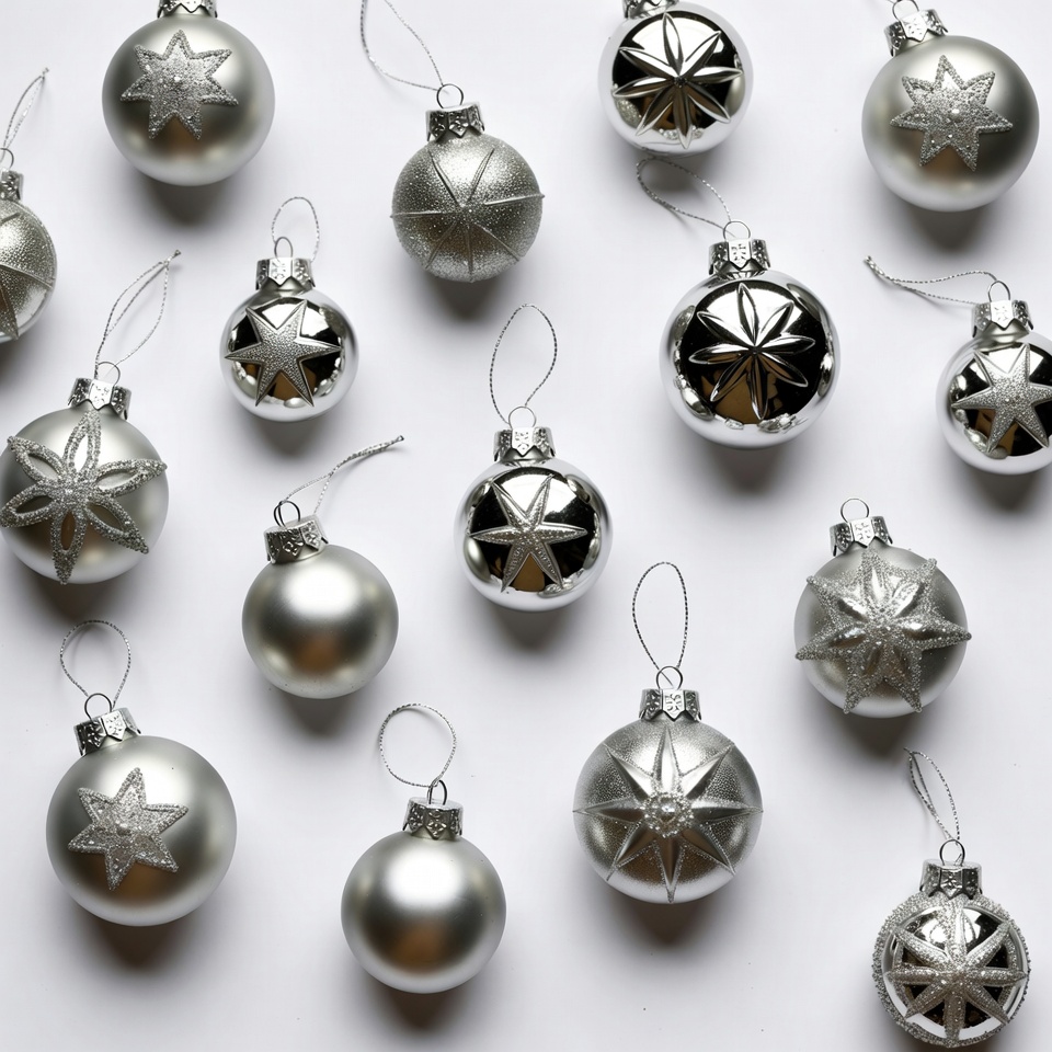 Silver Christmas Ornaments on White Background Silver Christmas Ornaments on White Background