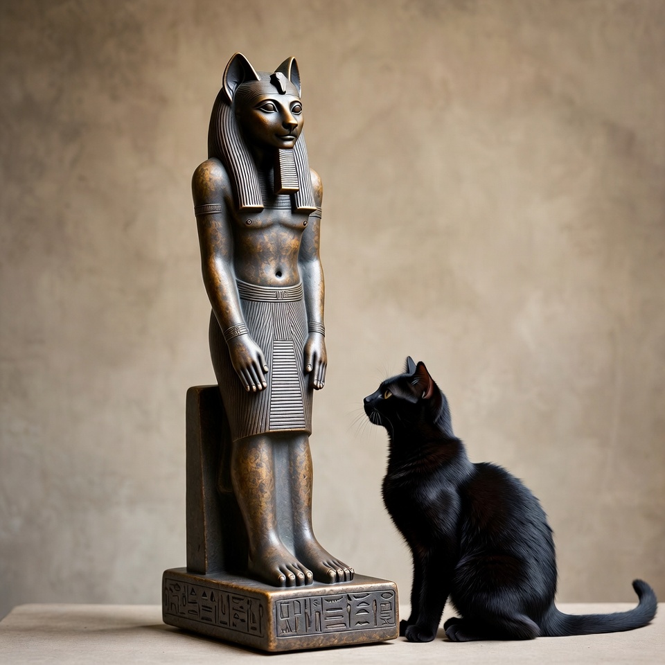 Black Cat Beside Bastet Statue Black Cat Beside Bastet Statue