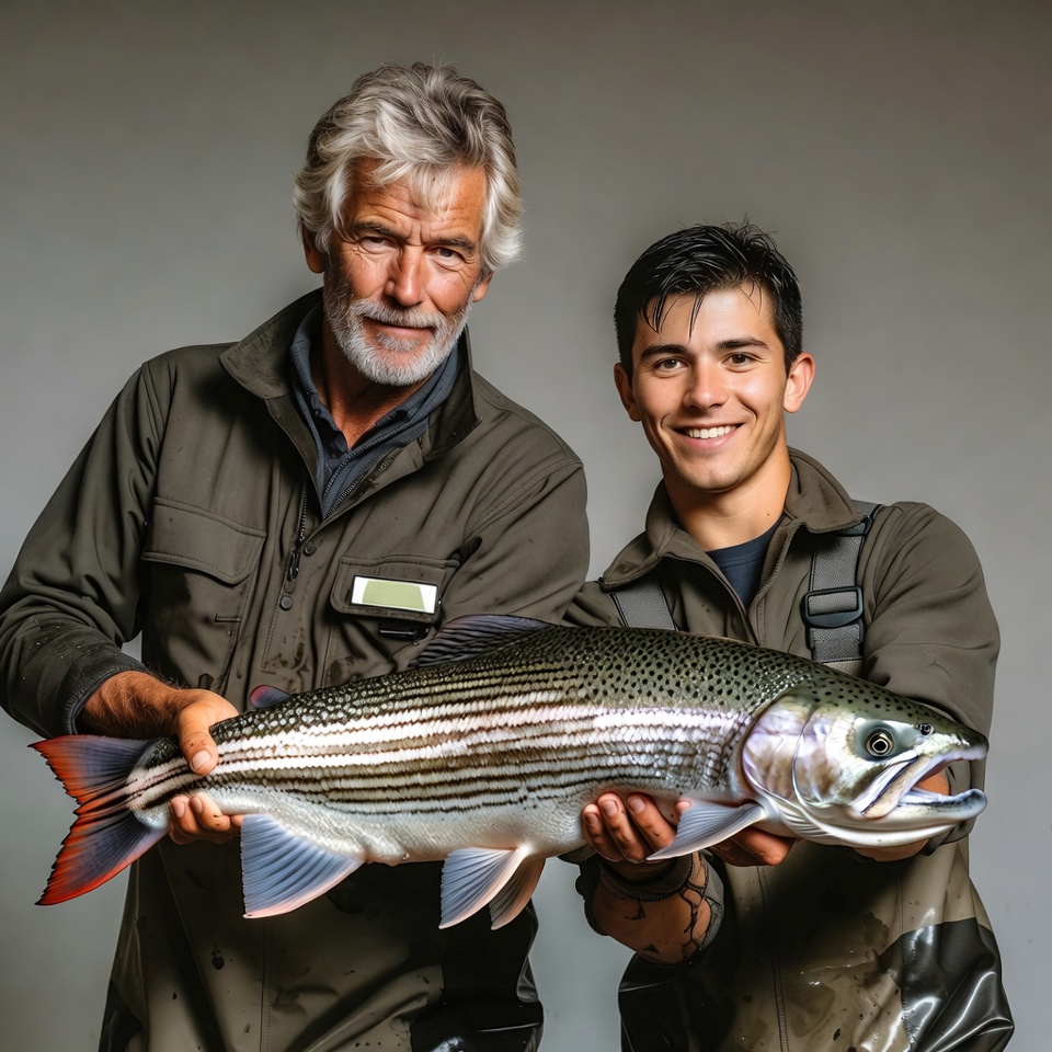 Father and son holding large striped bass Father and son holding large striped bass