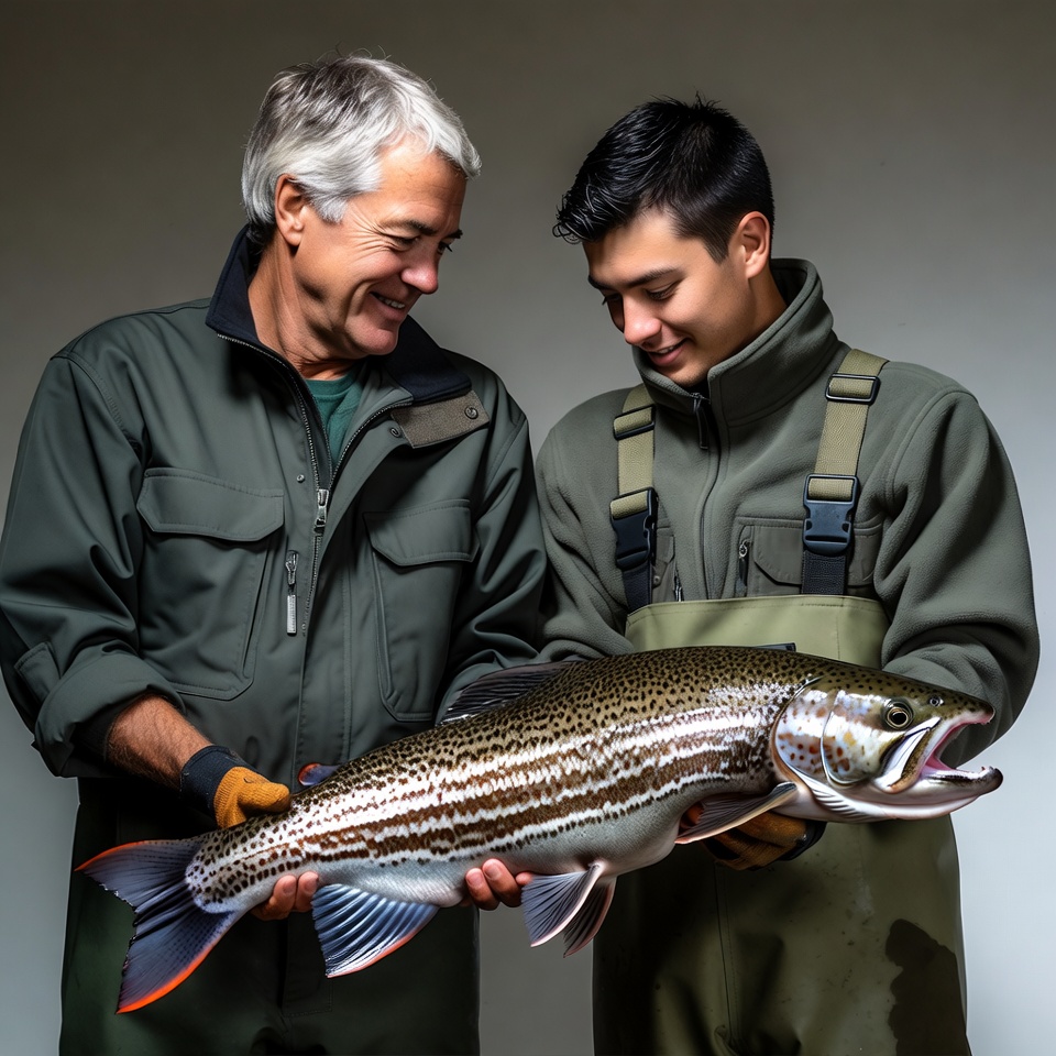 Father and son holding large trout Father and son holding large trout