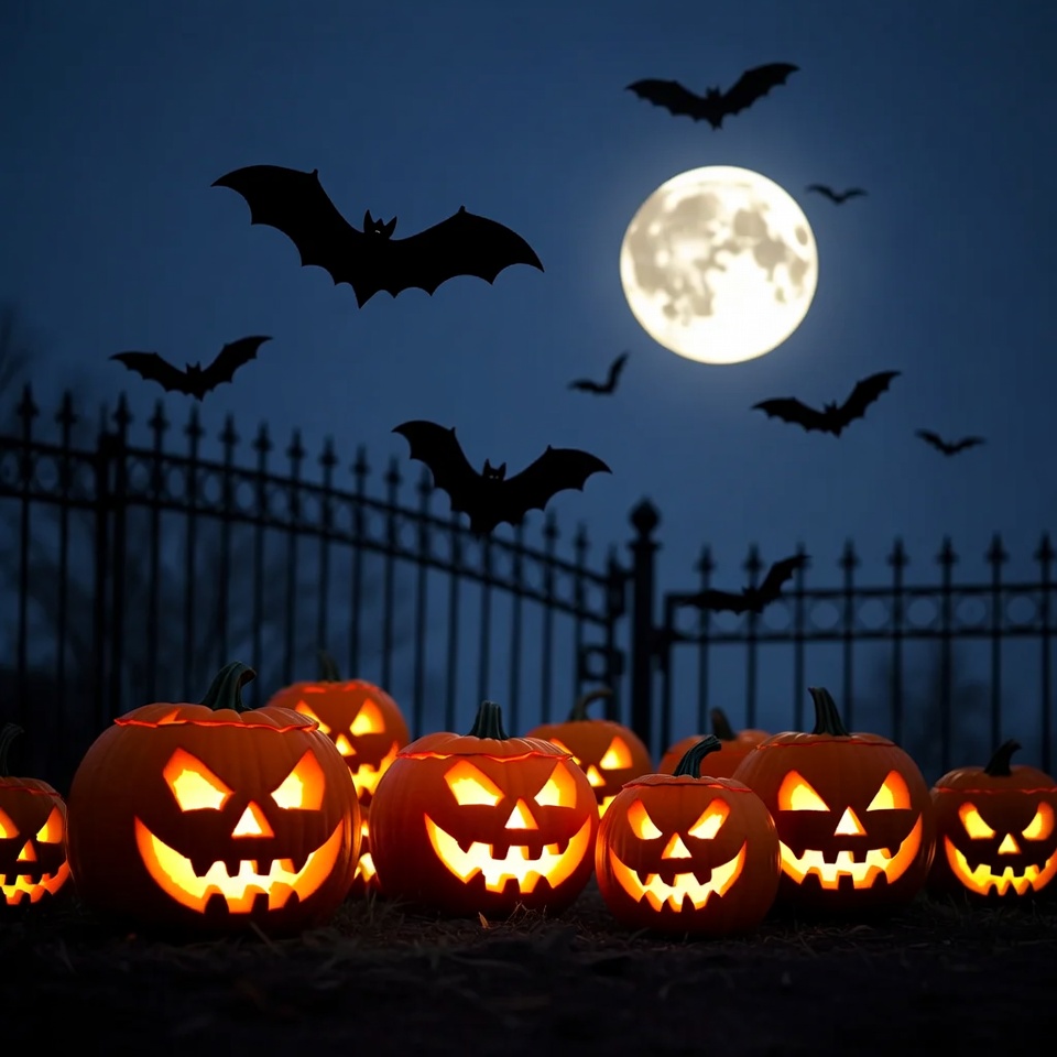 Jack-o'-lanterns with bats and full moon Jack-o'-lanterns with bats and full moon