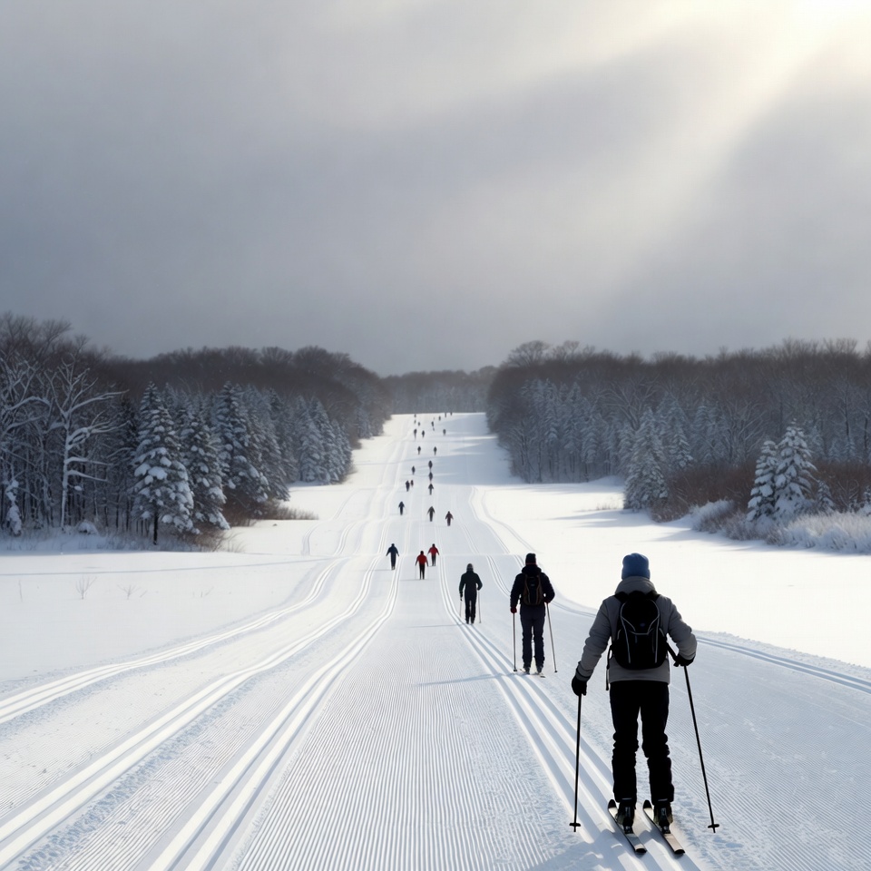 Cross-country skiers on snowy trail Cross-country skiers on snowy trail