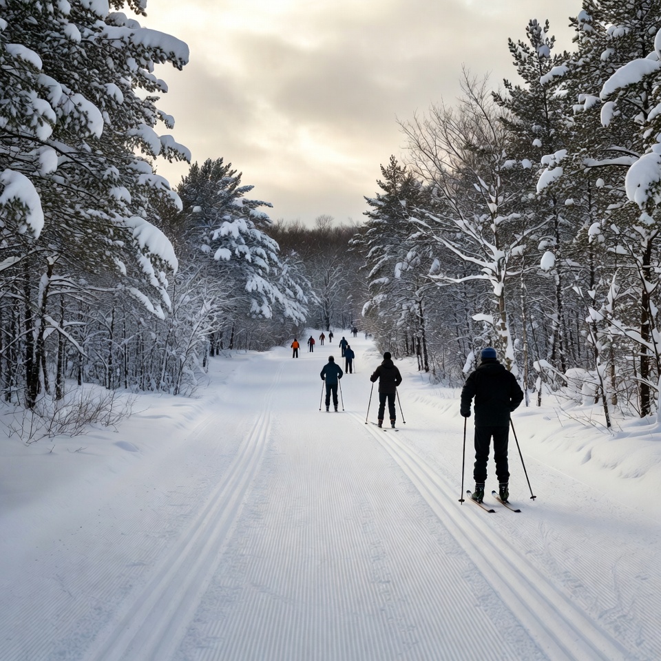 Cross-country skiers on snowy forest trail Cross-country skiers on snowy forest trail