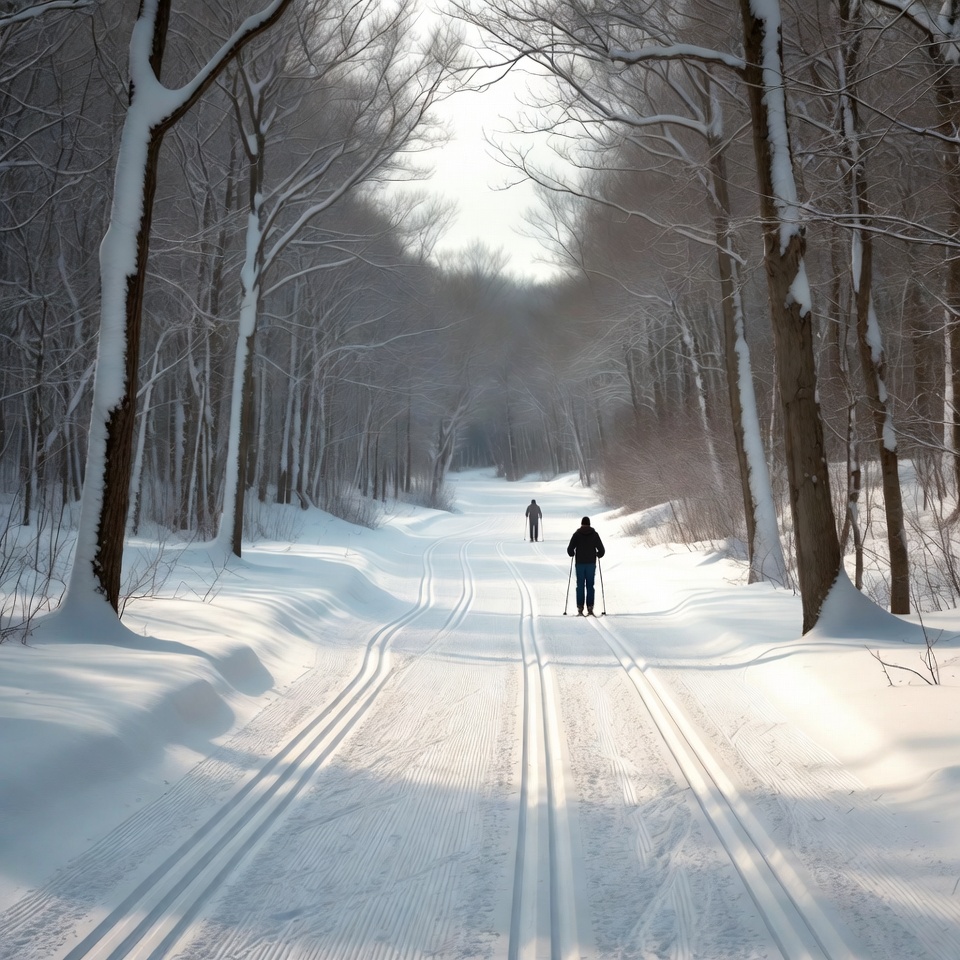 Cross-country skiers on snowy trail Cross-country skiers on snowy trail