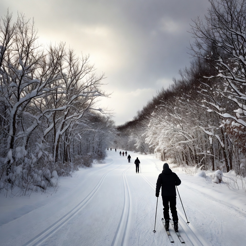 Cross-country skier on snowy trail Cross-country skier on snowy trail