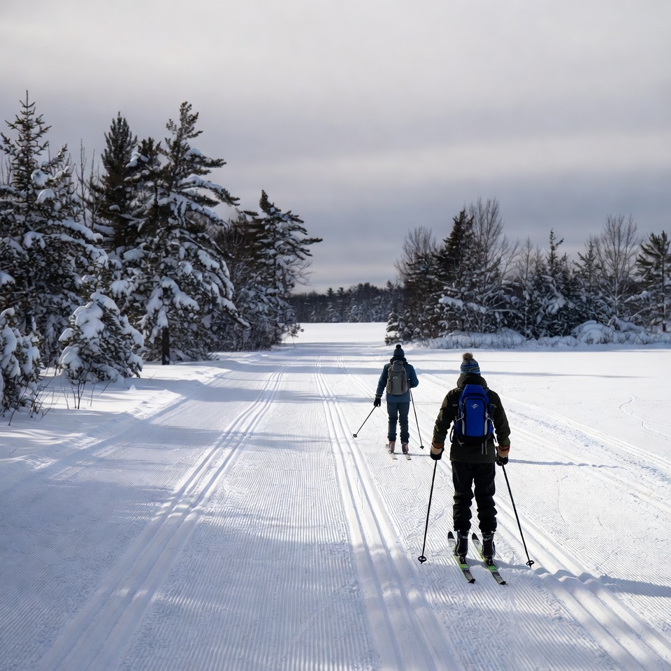 Two cross-country skiers on snowy trail Two cross-country skiers on snowy trail