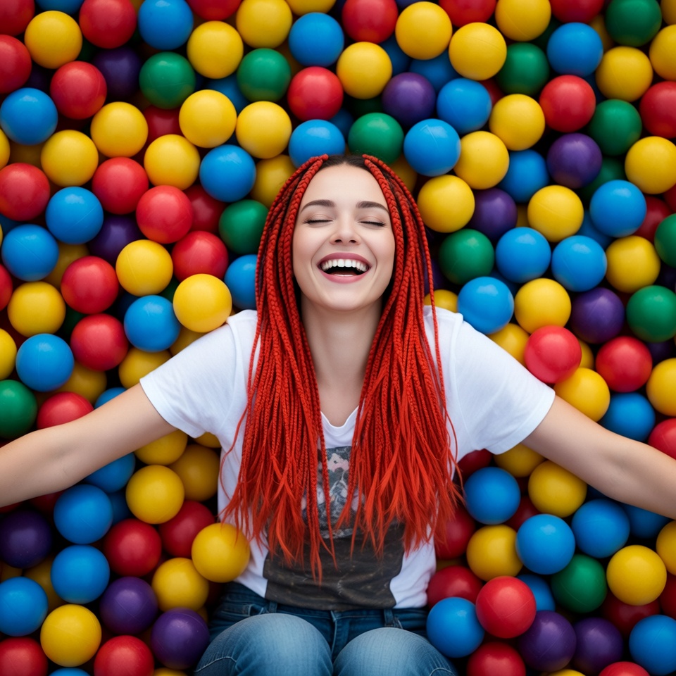 Woman laughing in colorful ball pit Woman laughing in colorful ball pit