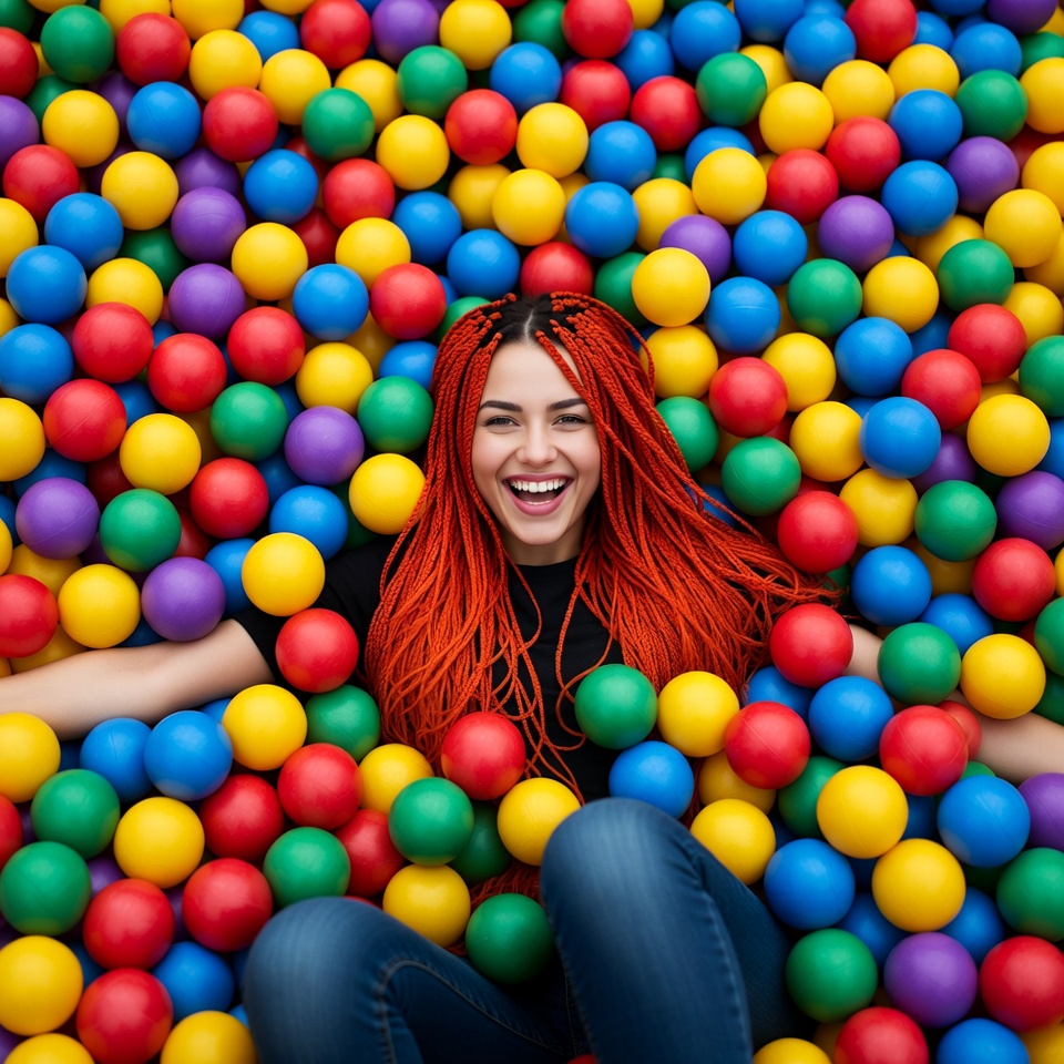 Woman laughing in colorful ball pit Woman laughing in colorful ball pit