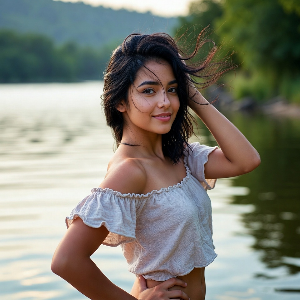 Young woman by riverside with windblown hair Young woman by riverside with windblown hair