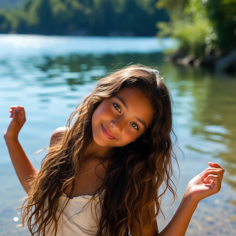 Smiling girl by lake Smiling girl by lake