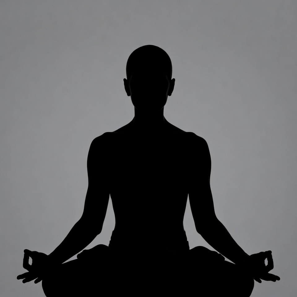 Silhouette of man meditating in lotus pose Silhouette of man meditating in lotus pose