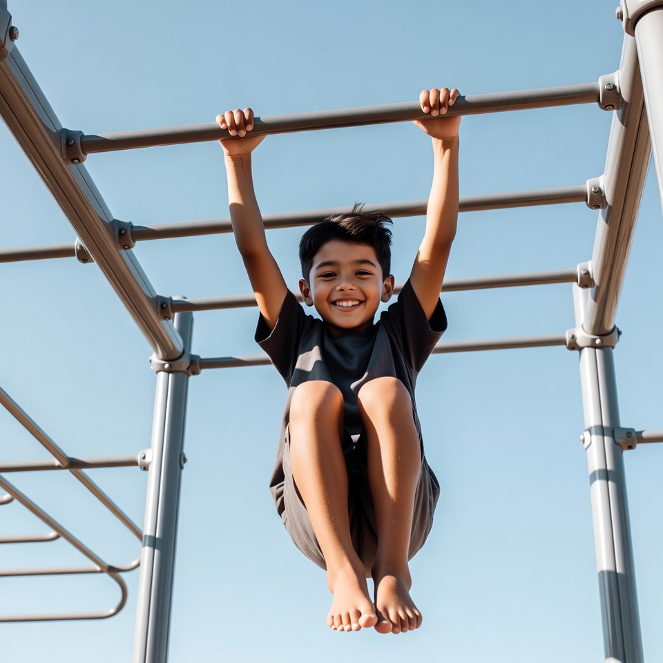 Boy hanging from playground bars Boy hanging from playground bars