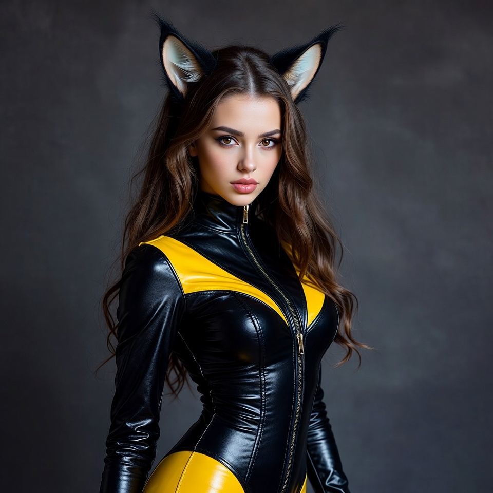 Woman in black yellow catsuit with cat ears Woman in black yellow catsuit with cat ears
